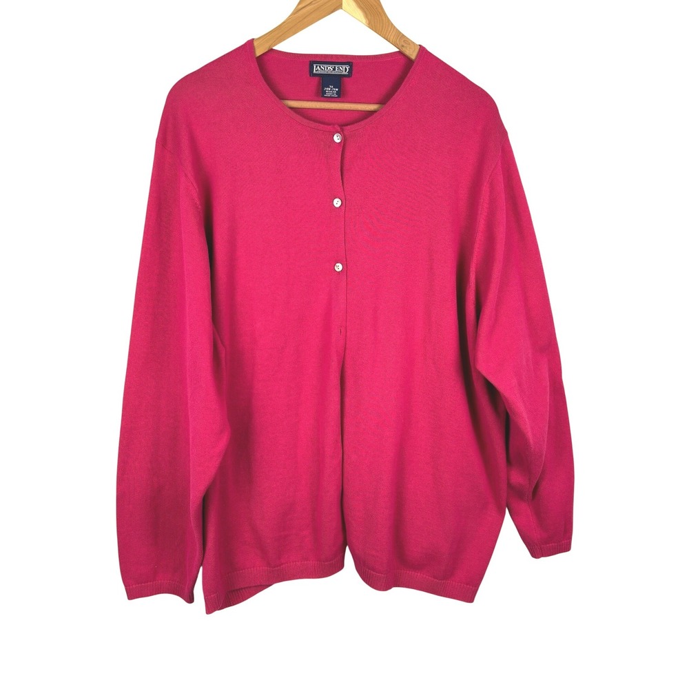 Lands End Womens Button Front Crew Neck Cardigan Sweater 3X Regular Fuchsia Pink